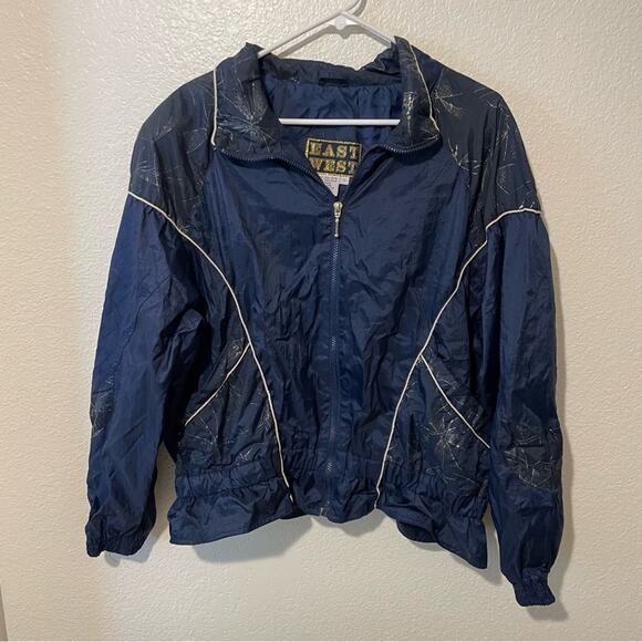East West Other - East West Vintage Navy Blue Nylon Windbreaker Jacket Silver Graphic Large